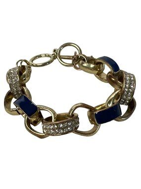 VTG Gold-Tone Chain Link Bracelet Blue Enamel Rhinestones Toggle Clasp 8"